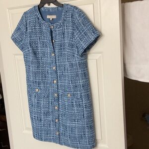 LOFT Navy Tweed Dress with Gold Button